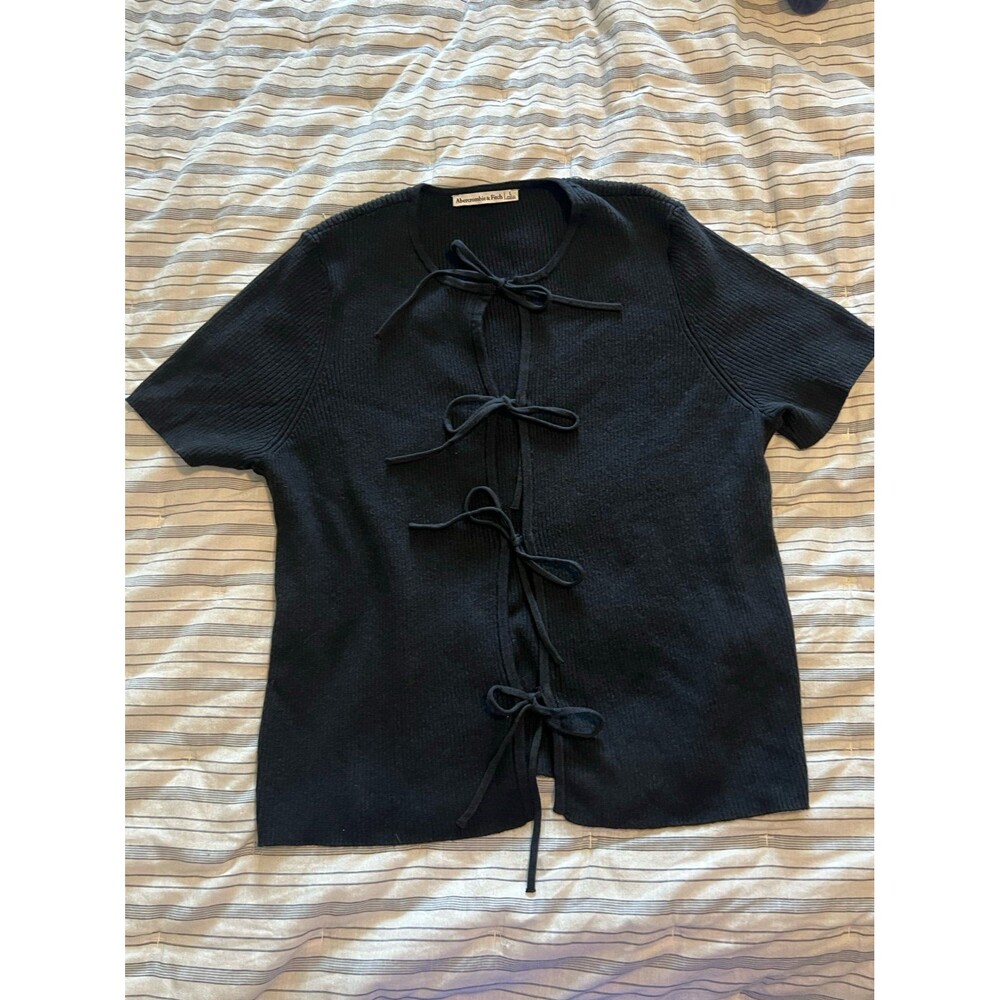 Abercrombie & Fitch Short Sleeve Tie-Front Black Cardigan Women’s Size Large - Picture 2 of 12
